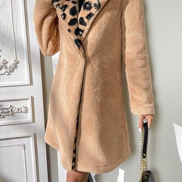 Khaki Casual womens Leopard Pattern Lapel Neck Open Front Teddy Coat - Picture 4 of 5